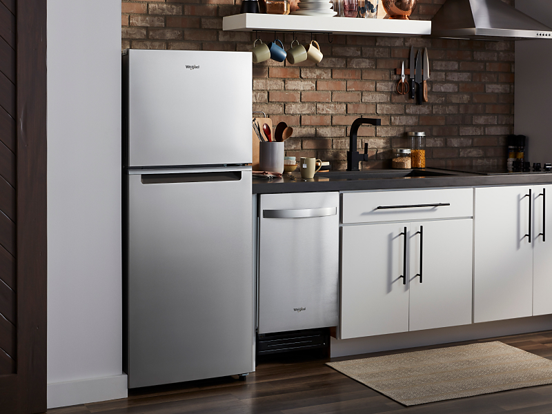 Stainless steel Whirlpool® top freezer refrigerator