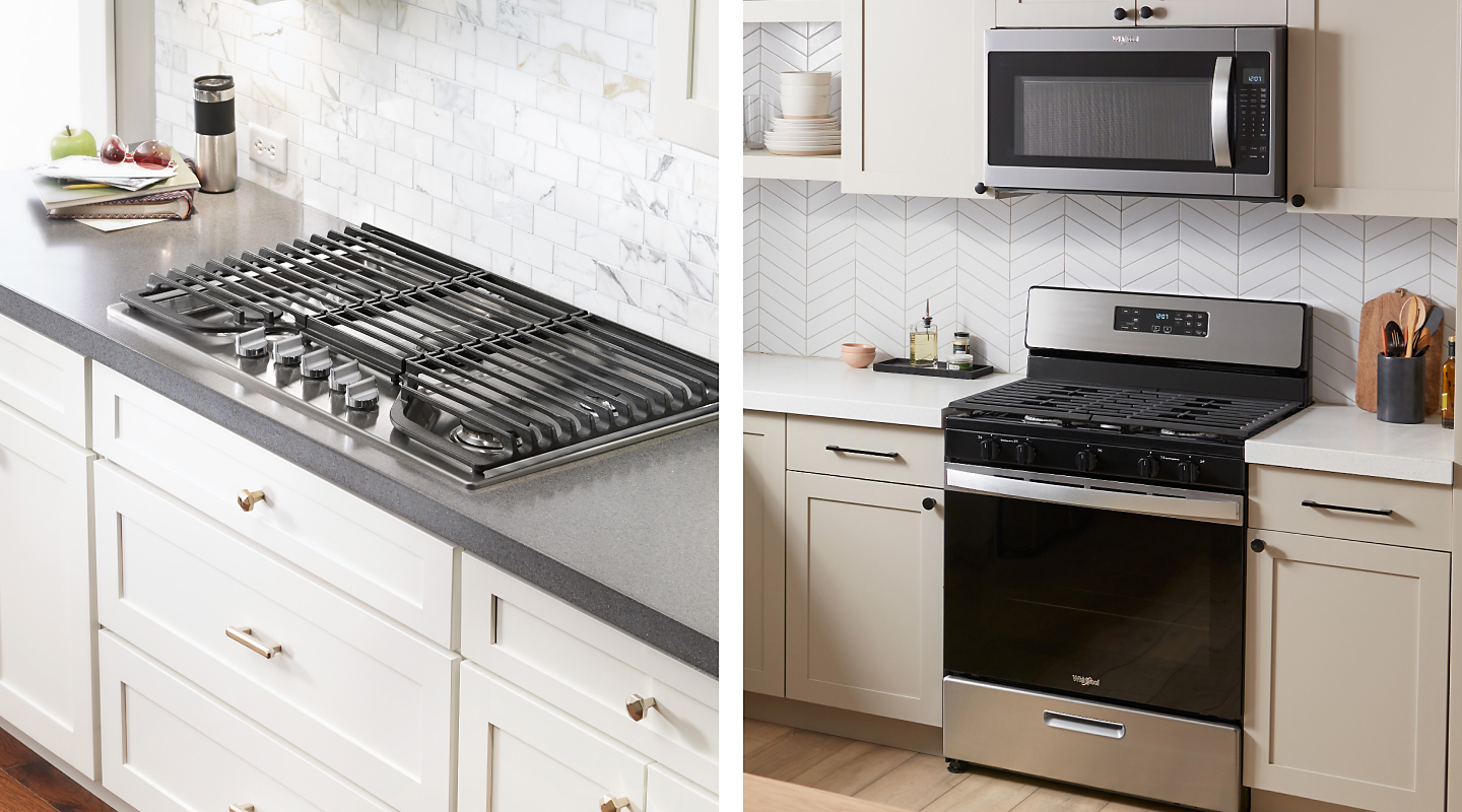 Side-by-side image of a gas cooktop and a gas range 