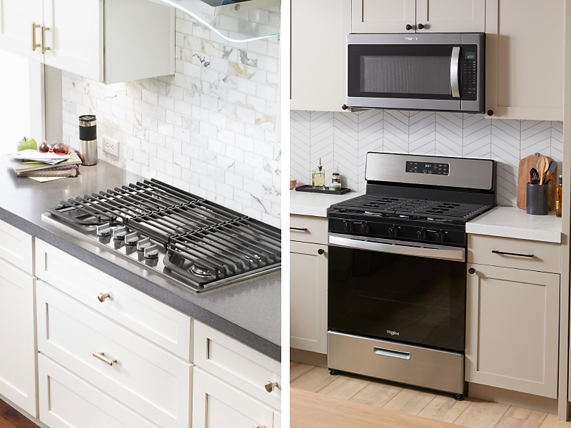Side-by-side image of a gas cooktop and a gas range