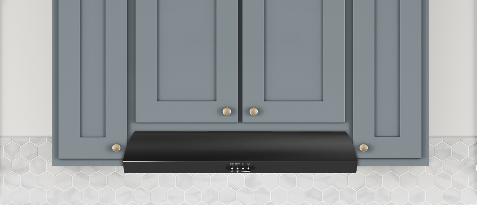 Black undercabinet hood under blue shaker cabinets
