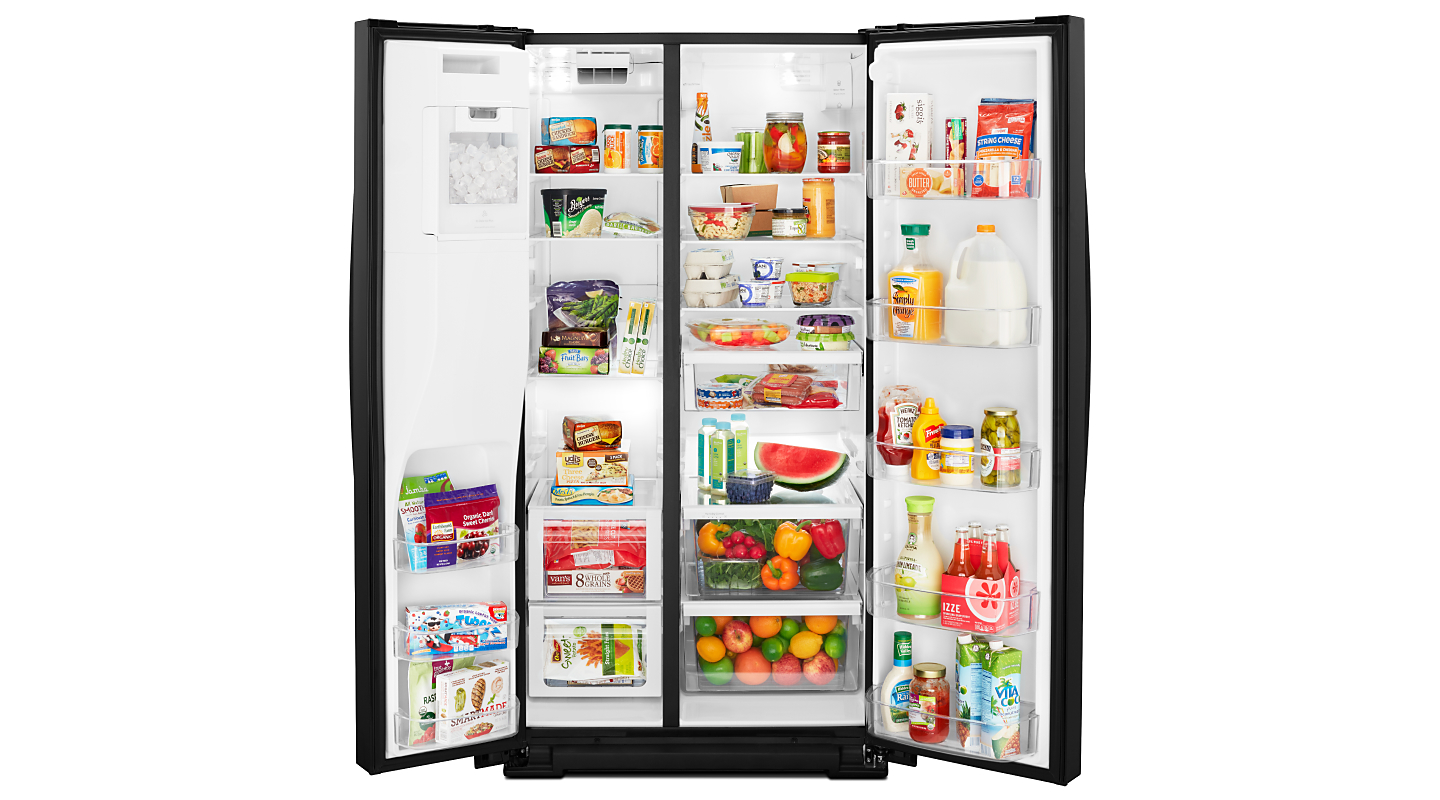 Open side-by-side refrigerator with food inside