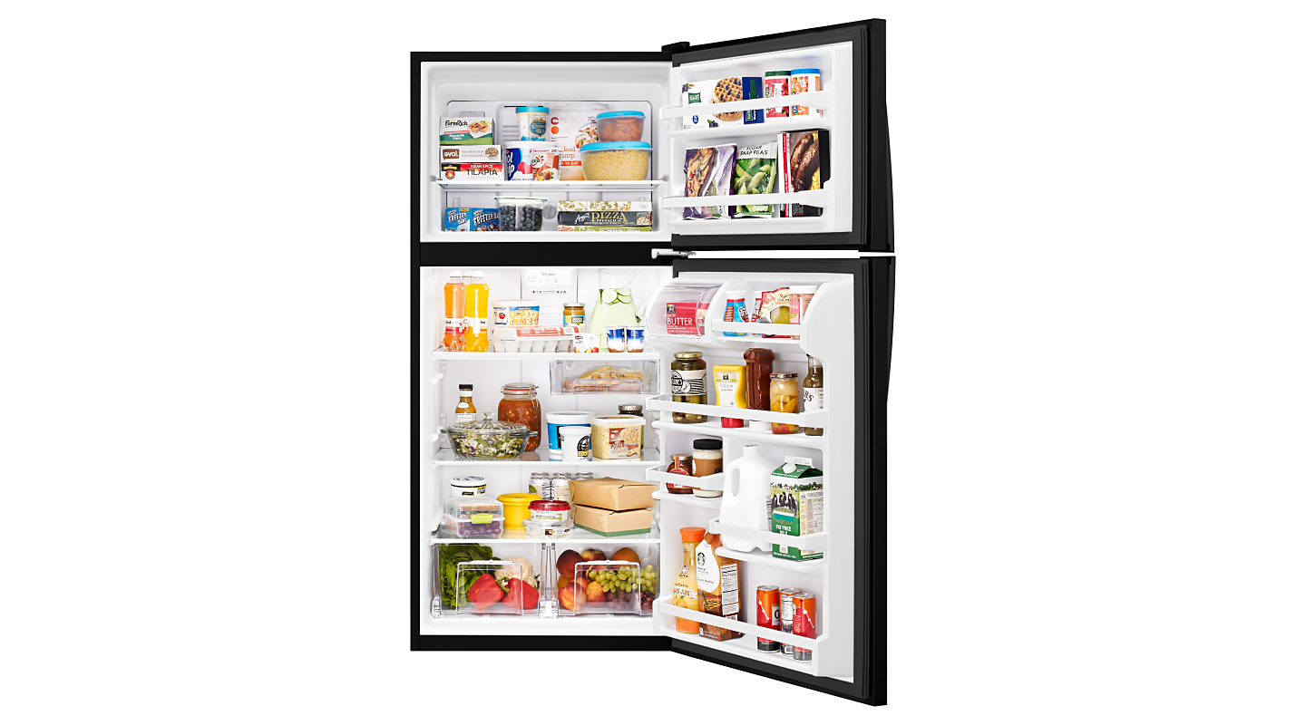 Open top-freezer refrigerator with food inside