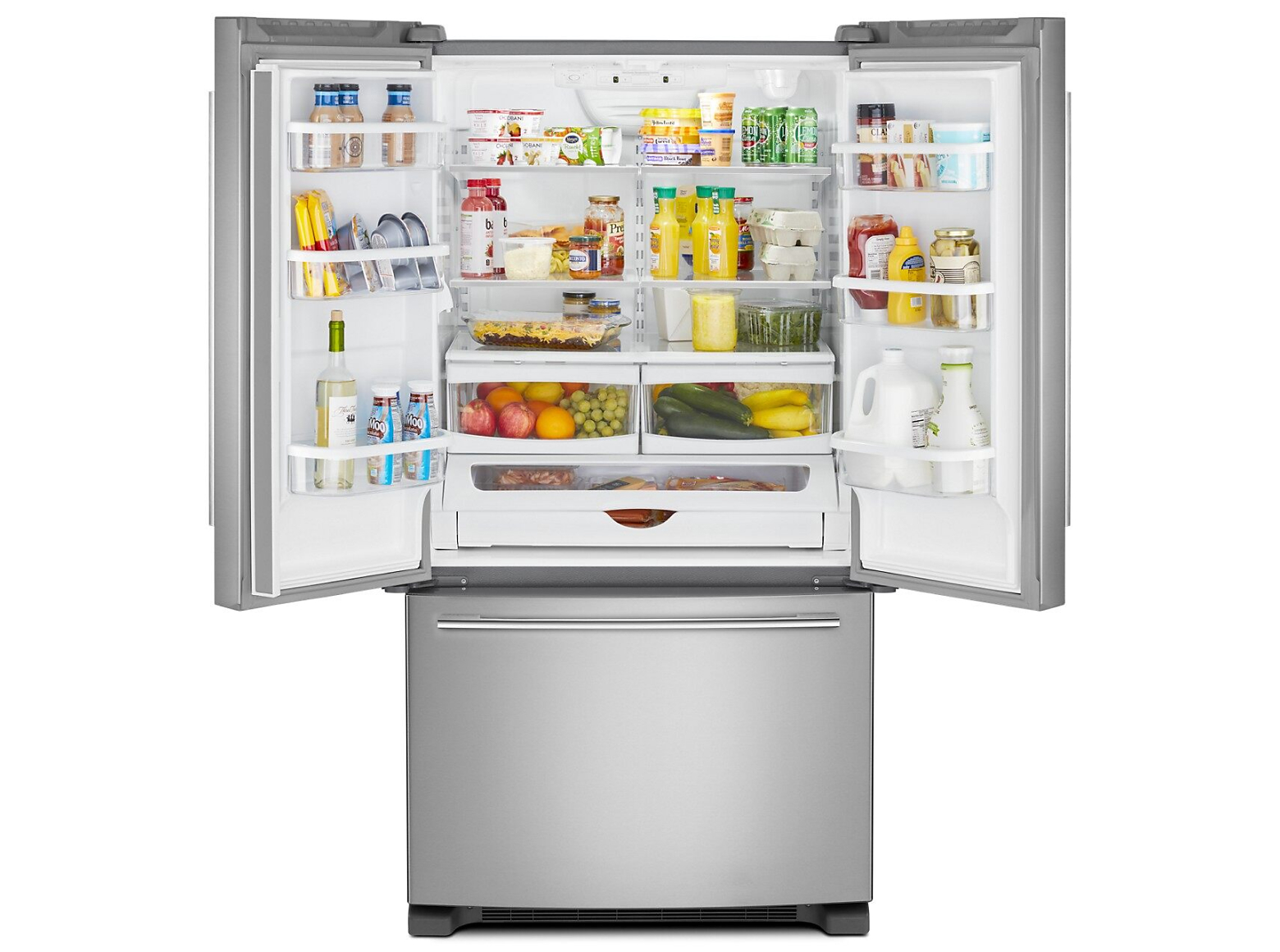 Open french door refrigerator with food inside