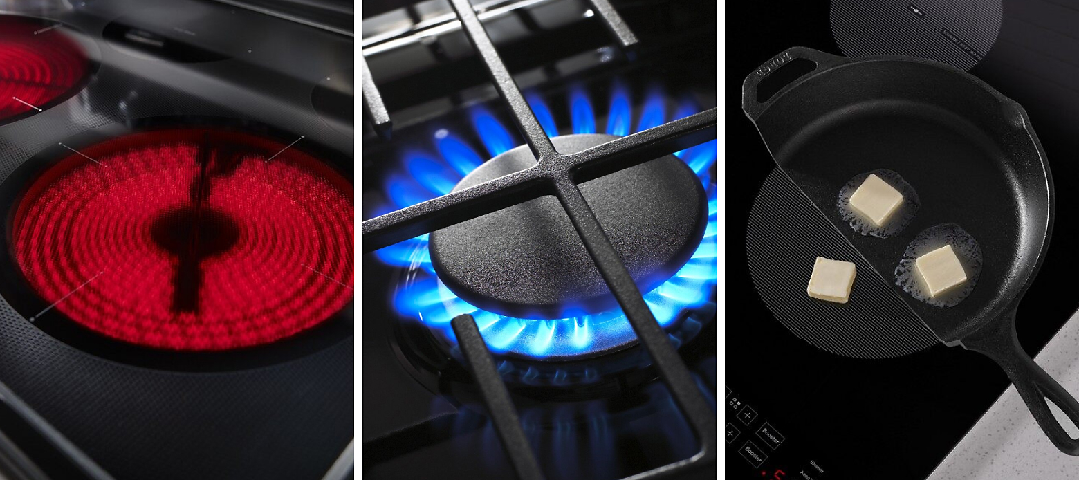 Close ups of a gas burner, an electric radiant element and half of a cast-iron pan with butter on an induction element