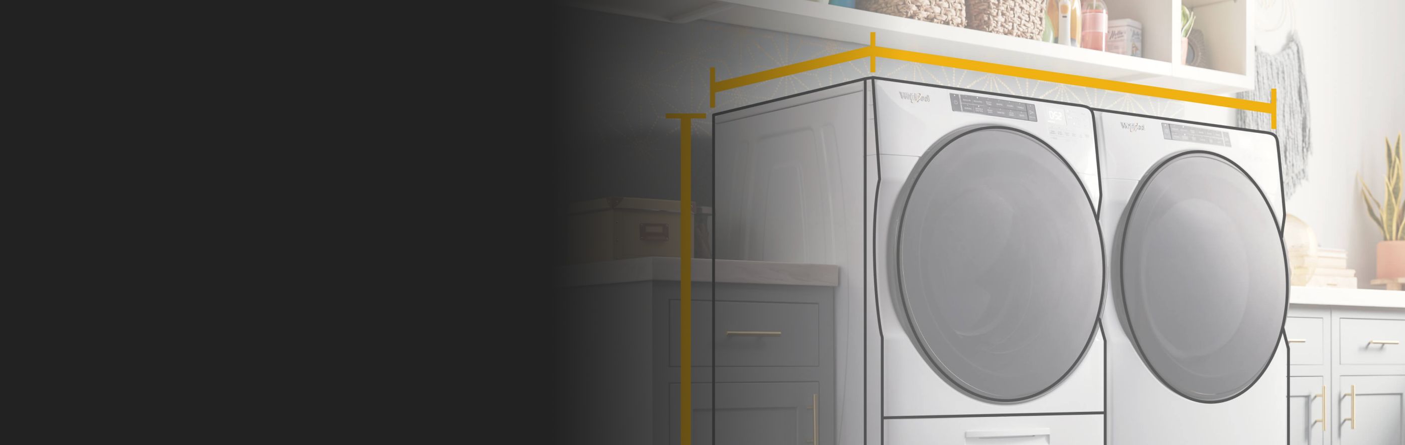 Whirlpool® side-by-side washer and dryer with dimensions marked