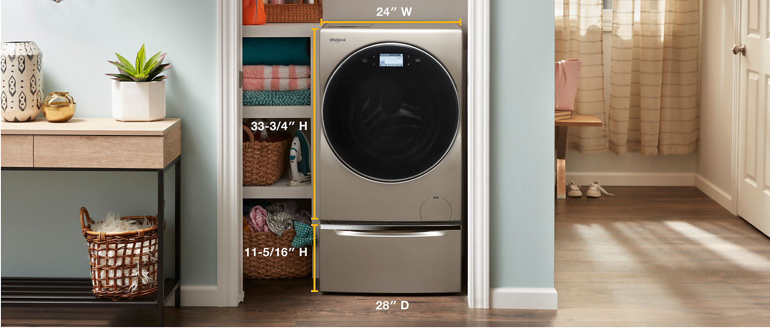 A Whirlpool® All-In-One Washer-Dryer and laundry pedestal with measurements