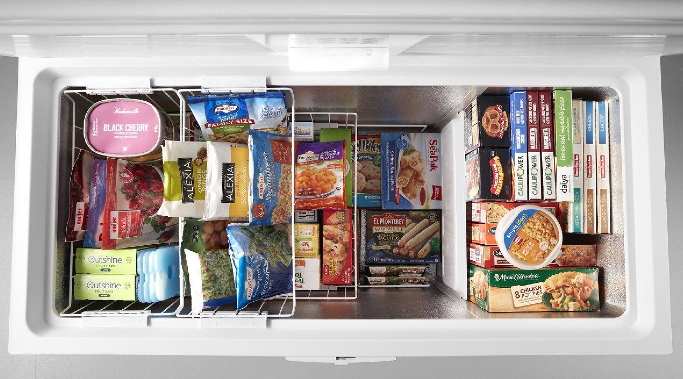 Overhead view of Whirlpool® deep freezer chest configuration with lid open
