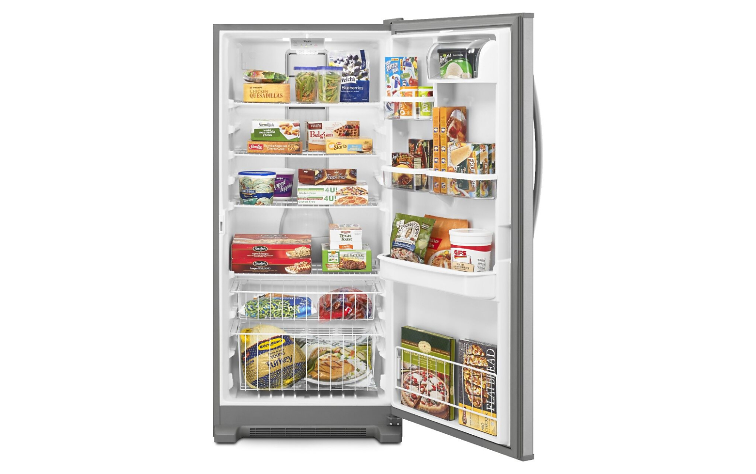 Whirlpool® deep freezer with frozen food organized on shelves
