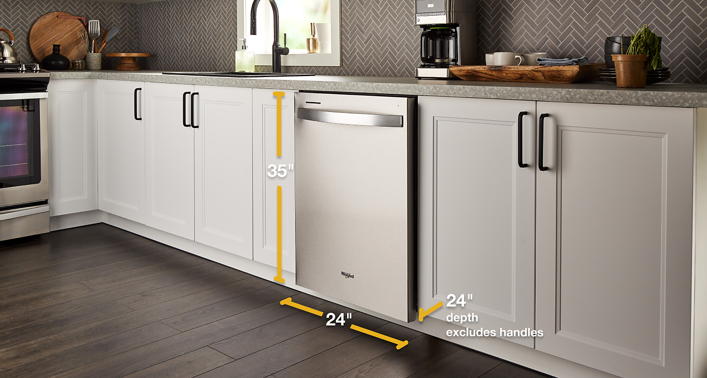 A stainless steel Whirlpool® dishwasher with dimensions highlighted