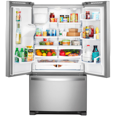 A stainless steel French door refrigerator with bottom freezer and food inside