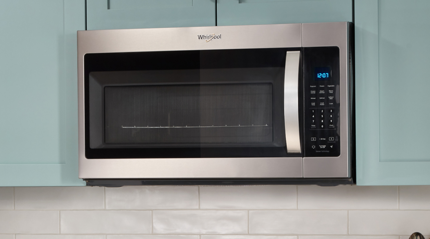 A stainless steel Whirlpool® over-the-range microwave