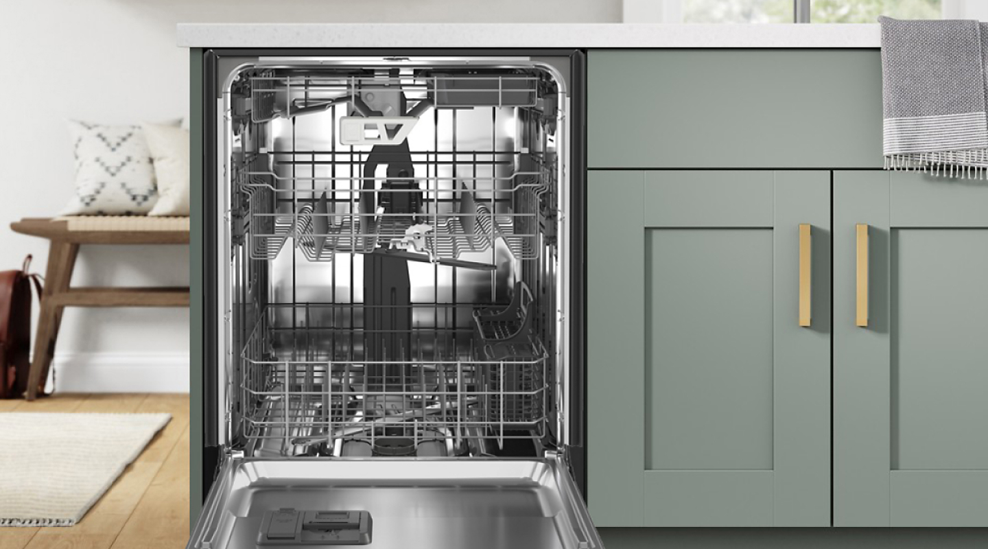 Sparkling clean stainless steel inside a dishwasher