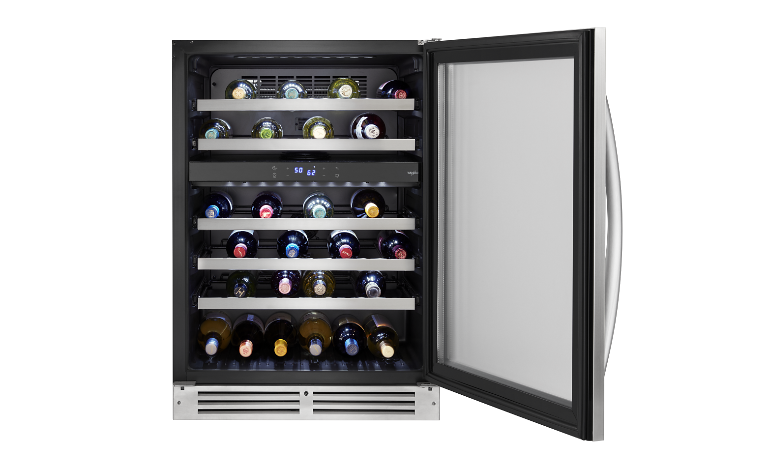 Open built-in wine refrigerator filled with various wine bottles