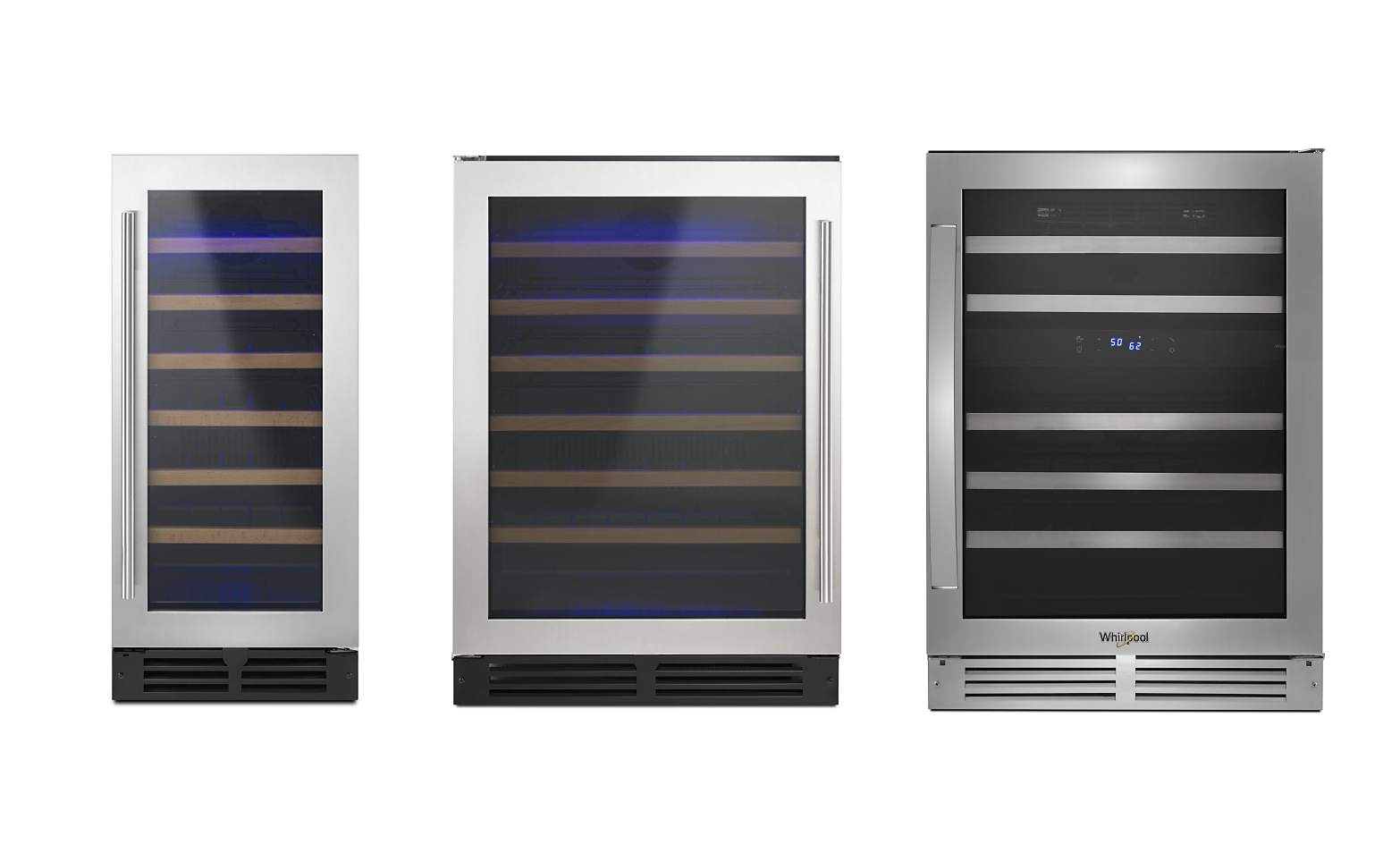 Side-by-side comparison of small, medium and large-sized wine refrigerators