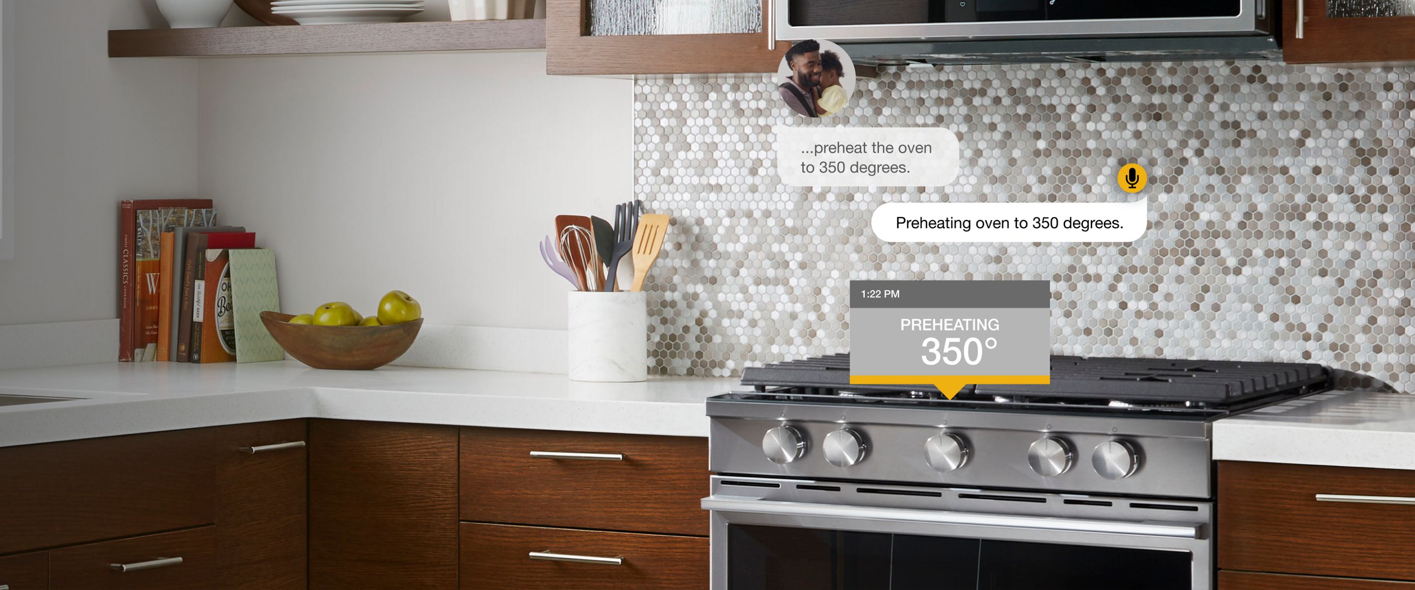 Voice command to preheat oven and Whirlpool® Smart Slide-In Range reacting