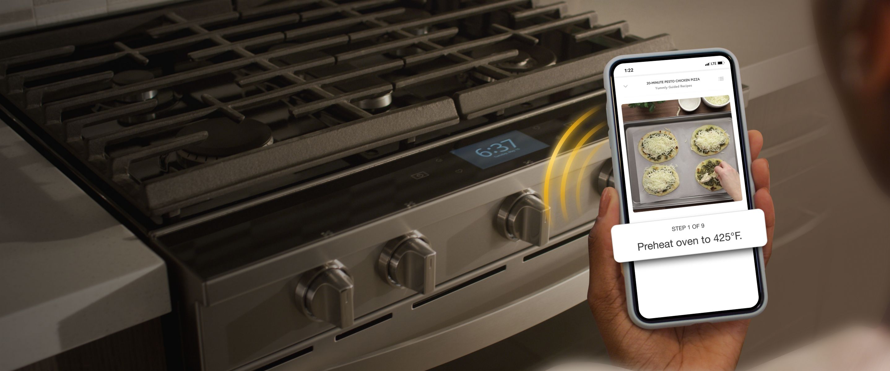 Whirlpool® Smart Range receiving cooking instructions from the Yummly® app