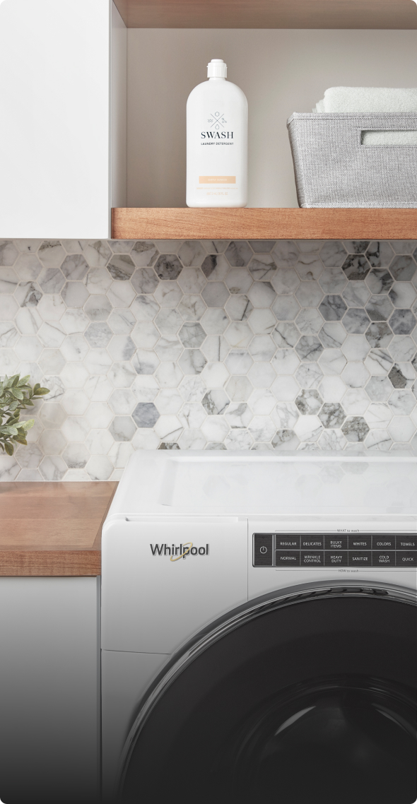 Whirlpool® washer shown with Swash® Laundry Detergent.