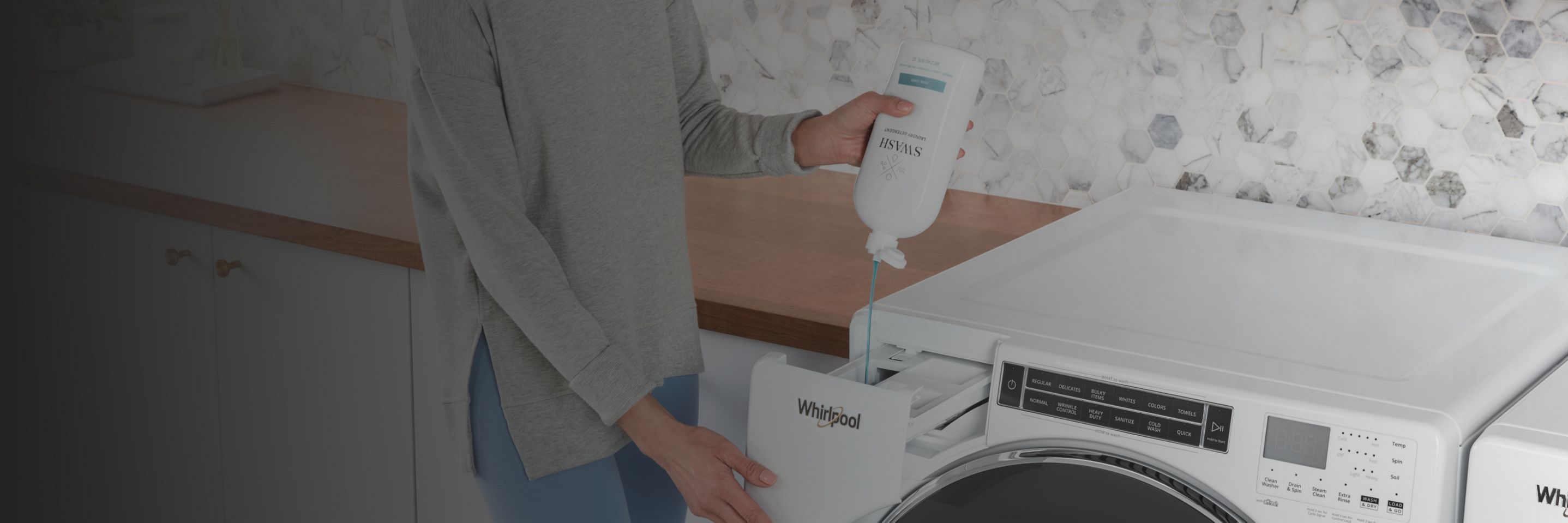 Adding Swash® Laundry Detergent to the washer.