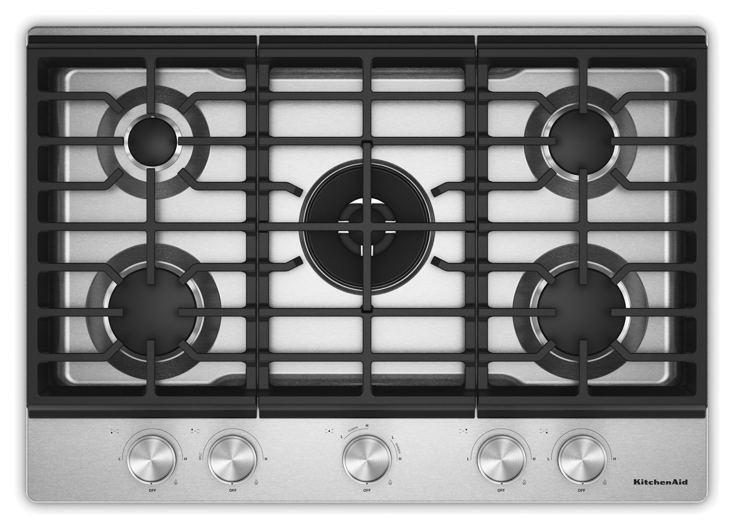 KitchenAid 30 In. Gas Cooktop w/ 5 Burners, Integrated Wok Grate & Cookshield Finish in Steel KCGK530SSS