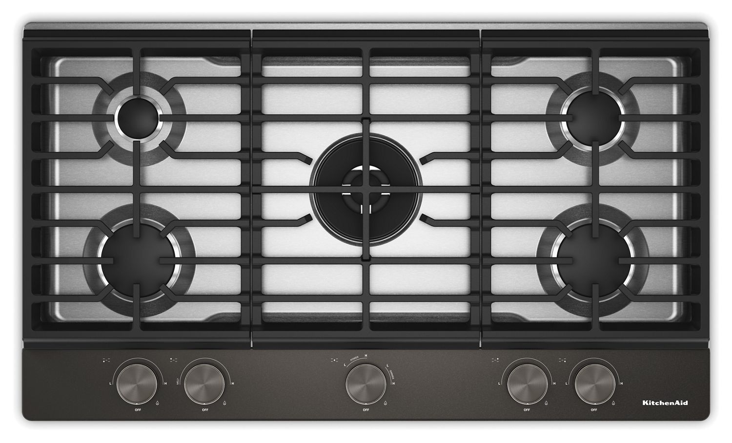 KitchenAid 36 In. Gas Cooktop w/ 5 Burners, Integrated Wok Grate & Cookshield Finish in Black Ore KCGK536SBE