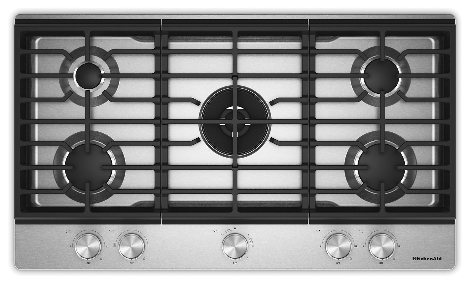KitchenAid 36 In. Gas Cooktop w/ 5 Burners, Integrated Wok Grate & Cookshield Finish in Steel KCGK536SSS