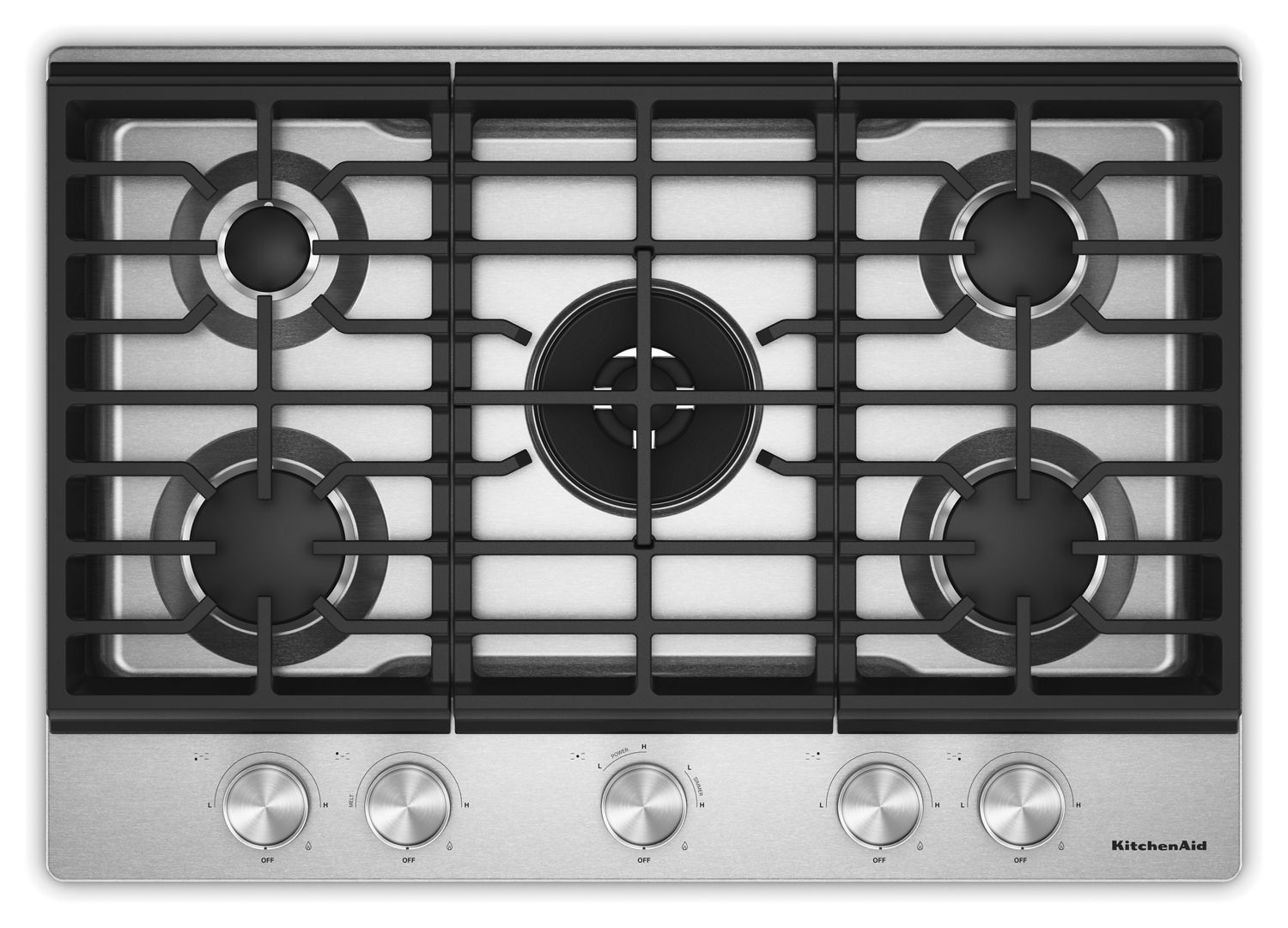 KitchenAid 30 In. Gas Cooktop w/ 5 Burners, Integrated Wok Grate & Cookshield Finish in Steel KCGK730SSS