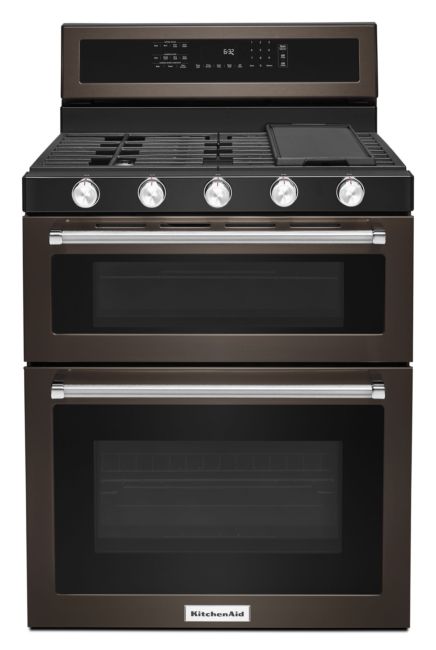 KitchenAid 30 in. 5 Burner Gas Double Oven Convection Range in Black Stainless Steel KFGD500EBS