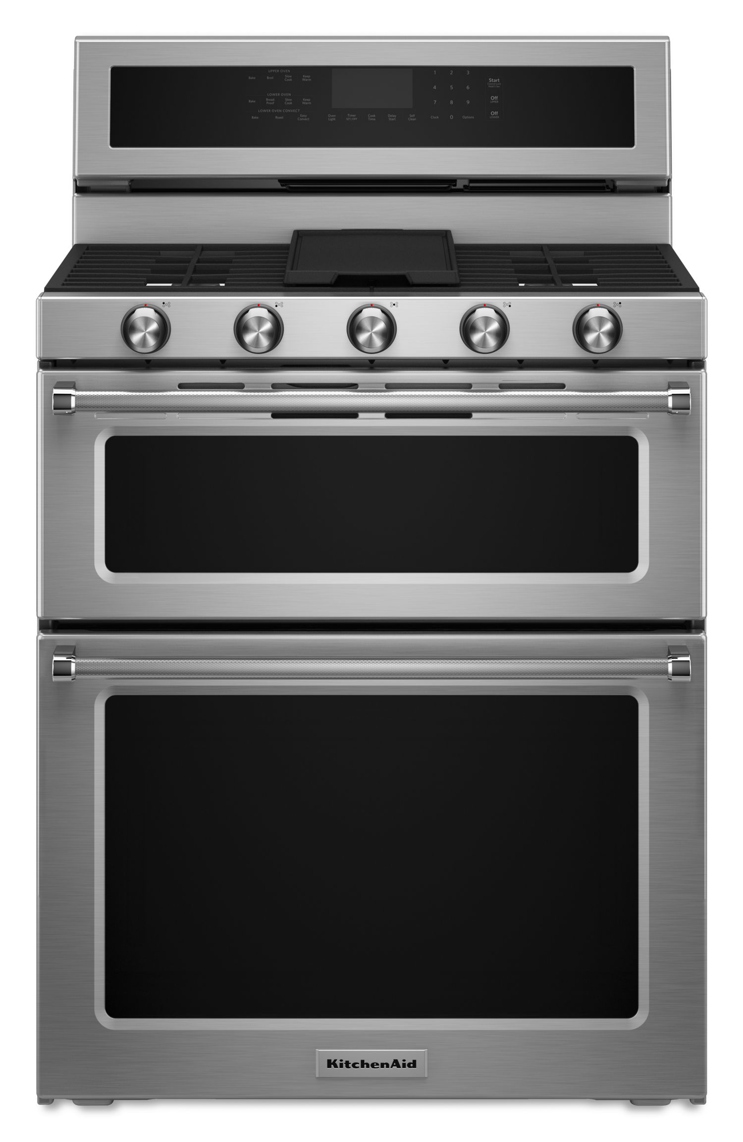 KitchenAid 30 in. 5 Burner Gas Double Oven Convection Range in Steel KFGD500ESS