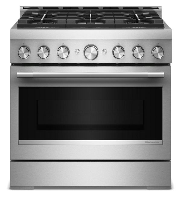KitchenAid 36 in. 6 Burner Commercial-Style Gas Range w/ No Preheat Air Fry Mode in Steel KFGS936SSS