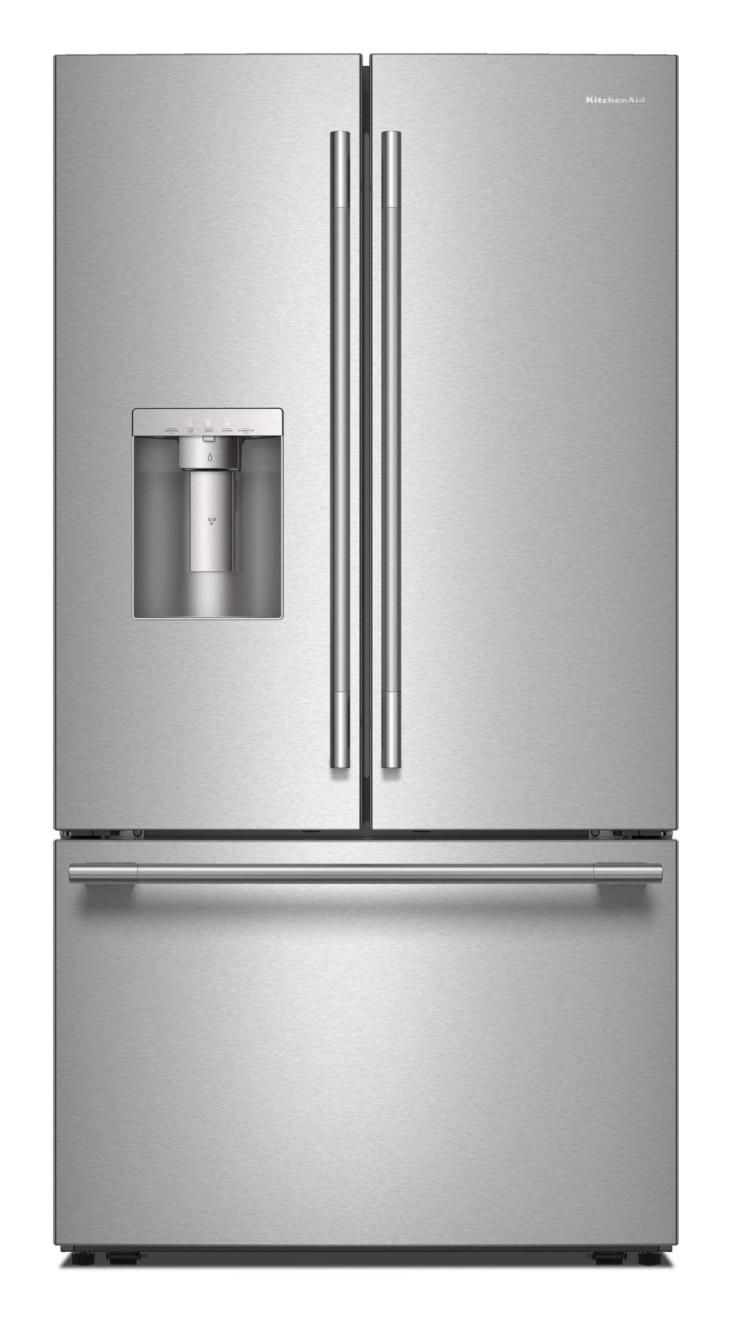 KitchenAid 30 Cu. Ft. 36 in. French Door Refrigerator w/ Exterior Water & Ice Dispenser Wood-Look Sliding Tray In Printshield Stainless Steel KRFF436SPS