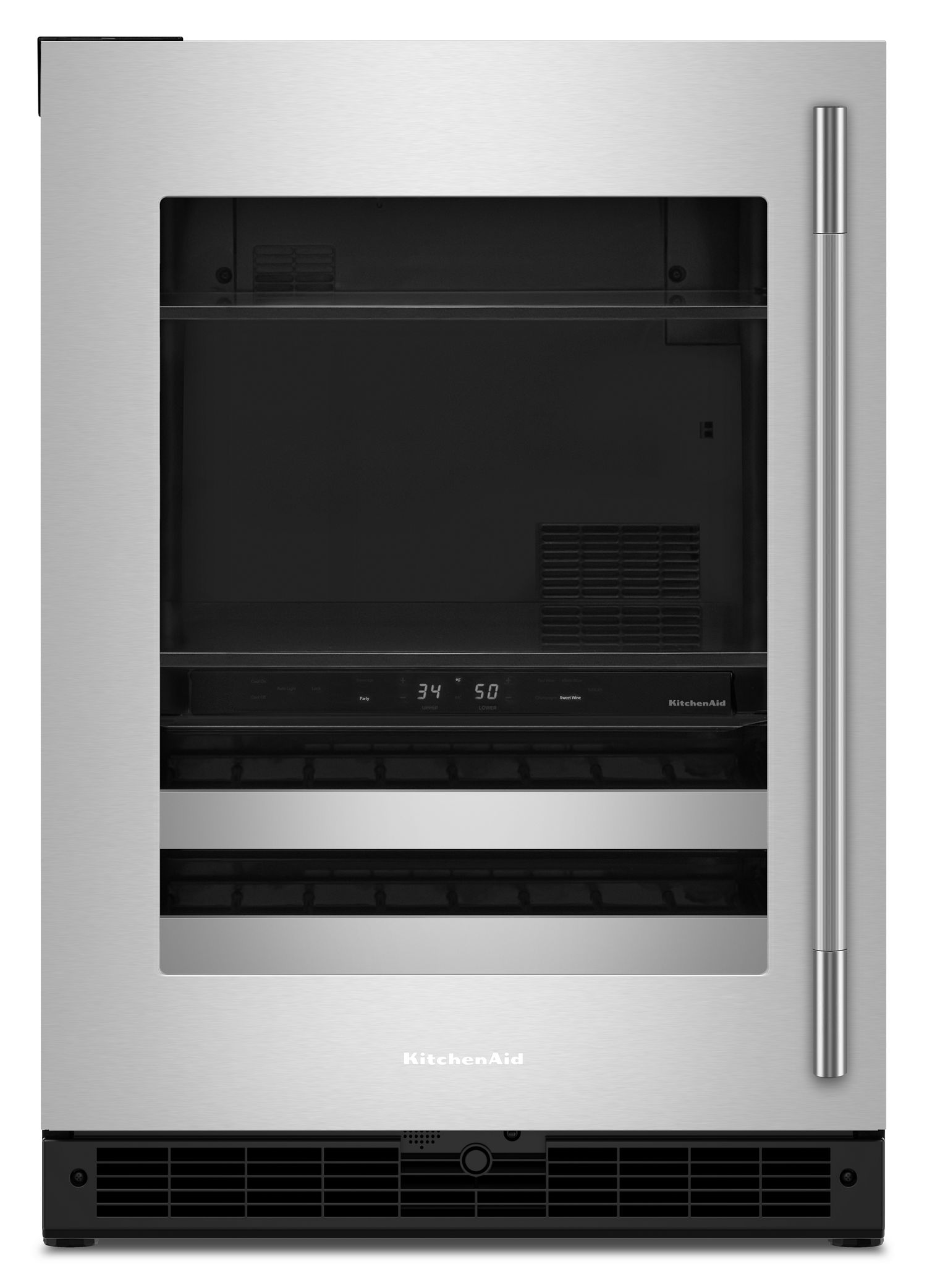 KitchenAid 4.8 Cu. Ft. 24 in. Beverage Center w/ Left Door Swing & 14-Wine Bottle Capacity Metal-Front Racks In Stainless Steel in Black Cabinet/Stainless Doors KUBL524SSB