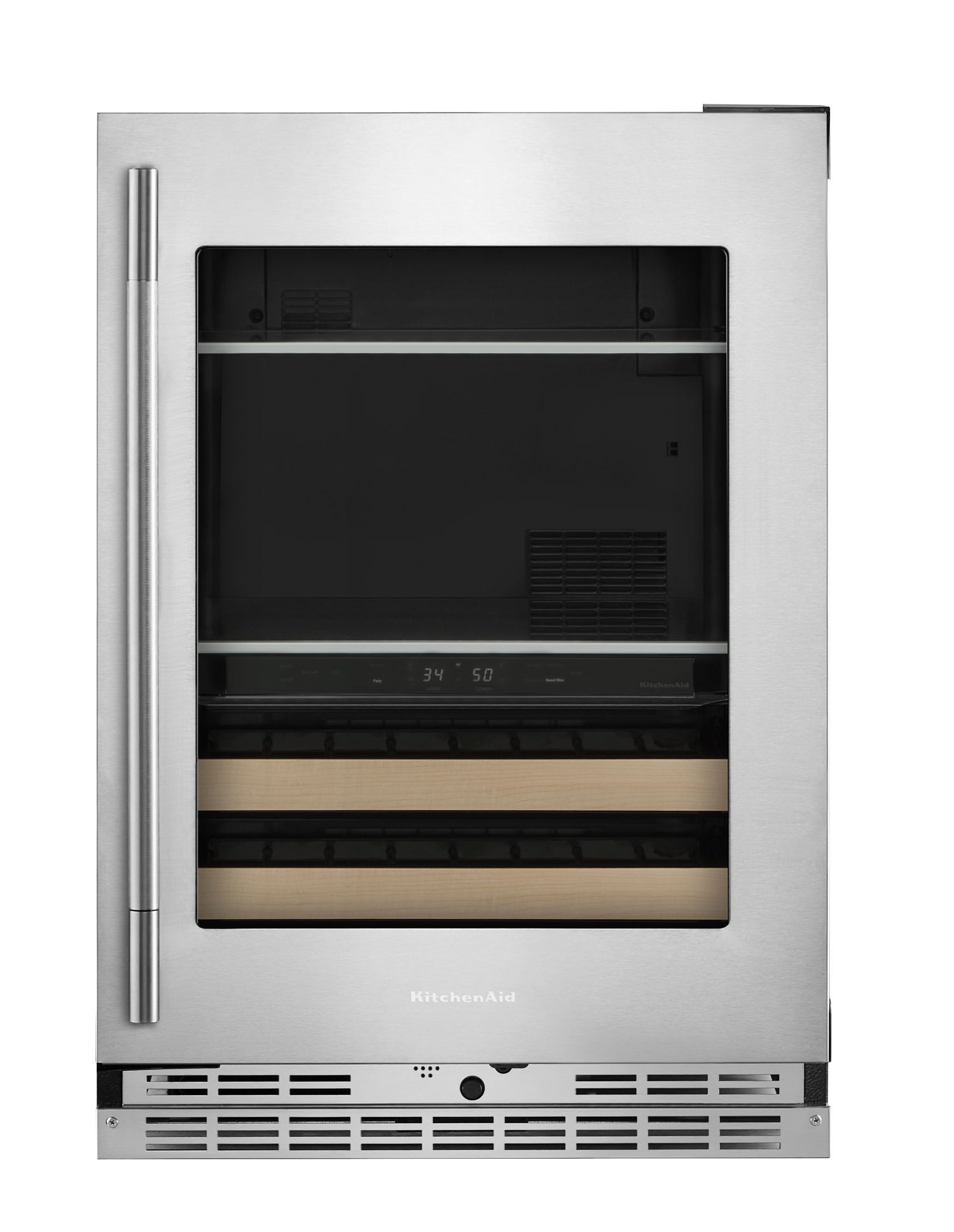 KitchenAid 4.8 Cu. Ft. 24 in. Beverage Center w/ Right Door Swing & 14-Wine Bottle Capacity Wood-Front Racks In Printshield Stainless Steel in Finish KUBR524SPS