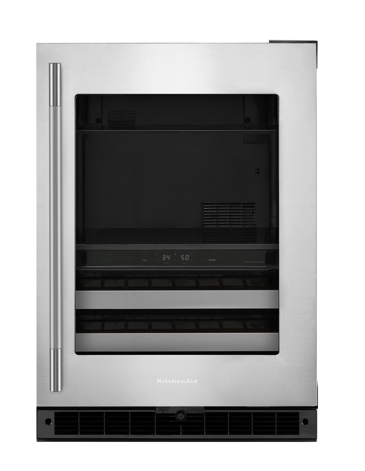 KitchenAid 4.8 Cu. Ft. 24 in. Beverage Center w/ Right Door Swing & 14-Wine Bottle Capacity Metal-Front Racks In Stainless Steel in Black Cabinet/Stainless Doors KUBR524SSB