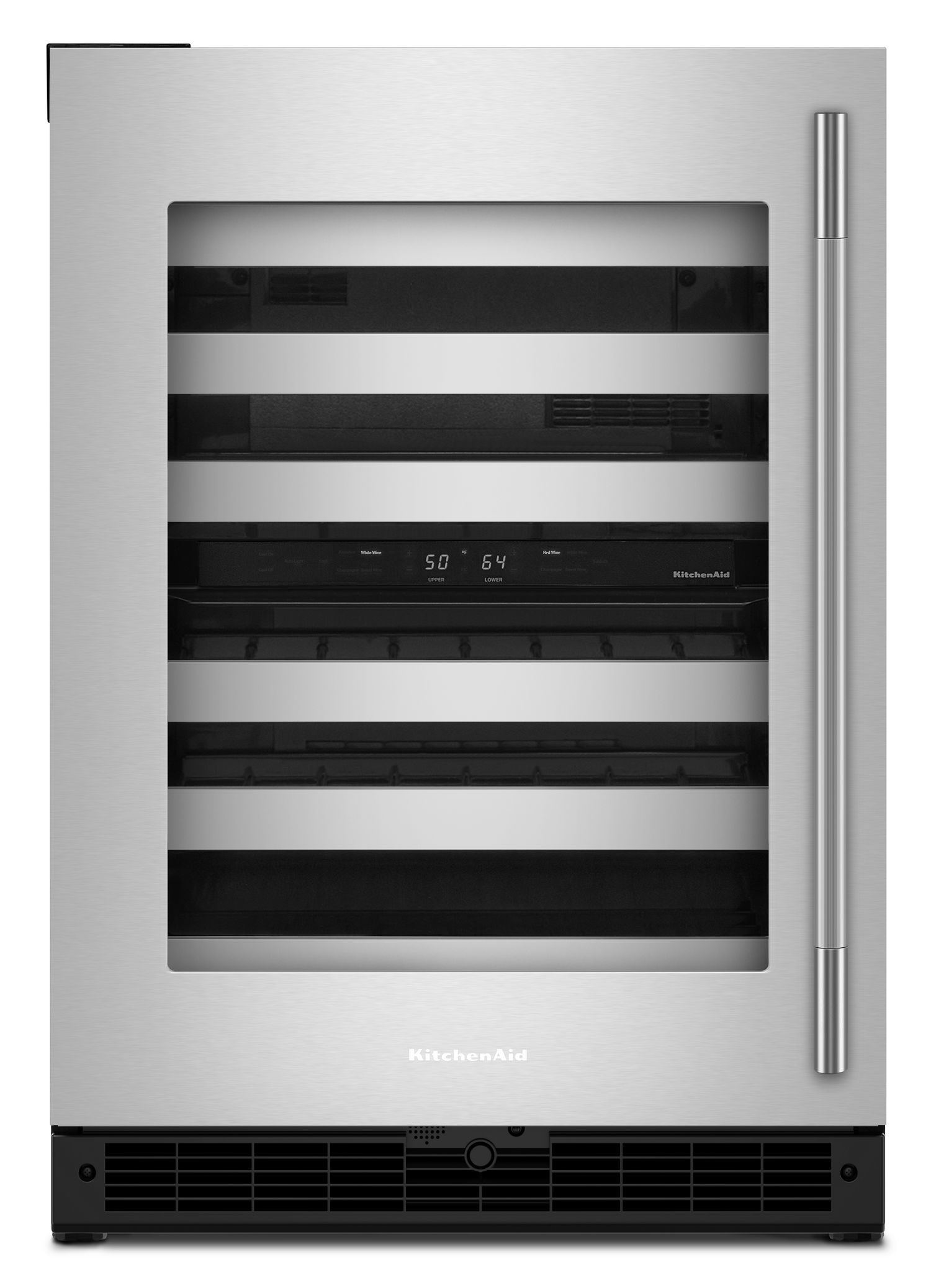 KitchenAid 24 in. Undercounter Wine Cellar w/ Left Door Swing & 46-Bottle Capacity Full-Extension Metal-Front Racks In Stainless Steel in Black Cabinet/Stainless Doors KUWL324SSB