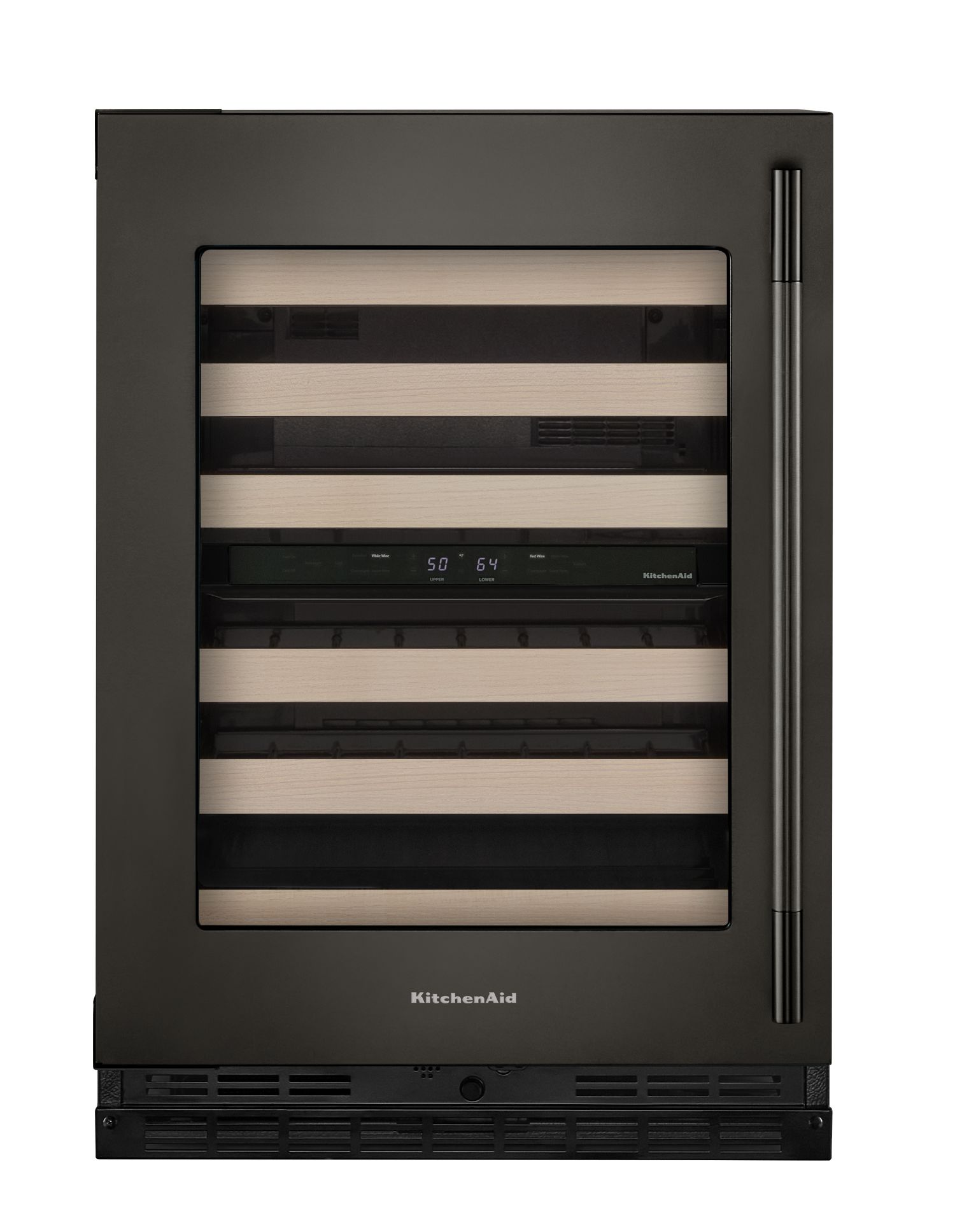 KitchenAid 24 in. Undercounter Wine Cellar w/ Right Door Swing & 46-Bottle Capacity Full-Extension Wood-Front Racks In Black Ore KUWL524SBE