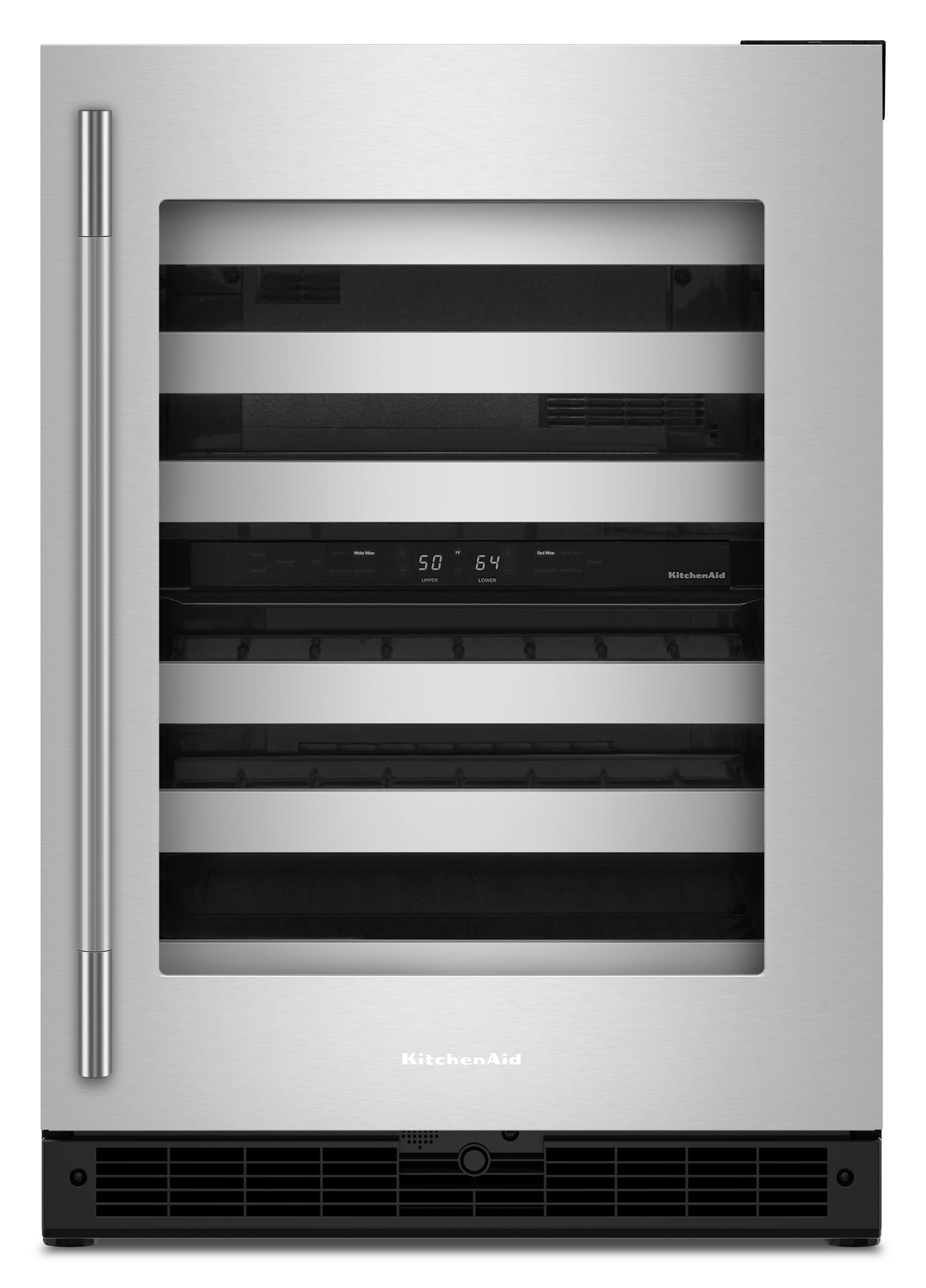 KitchenAid 24 in. Undercounter Wine Cellar w/ Right Door Swing & 46-Bottle Capacity Full-Extension Metal-Front Racks In Stainless Steel in Black Cabinet/Stainless Doors KUWR324SSB