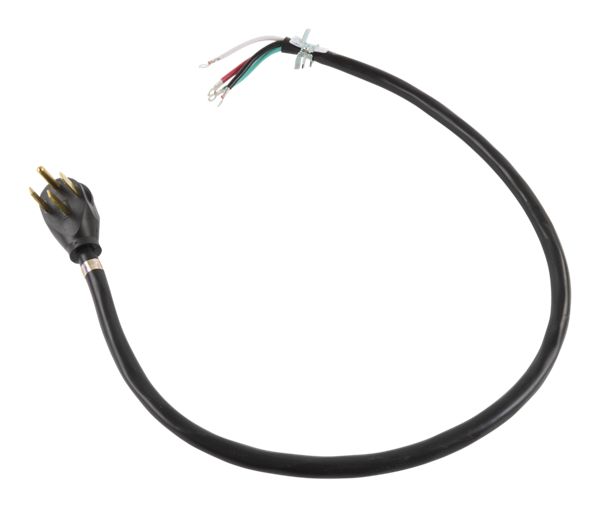 4' Electric Range Power Cord, rated 50 A, 4-wire with ring terminal connectors, and right-angle 4-prong plug